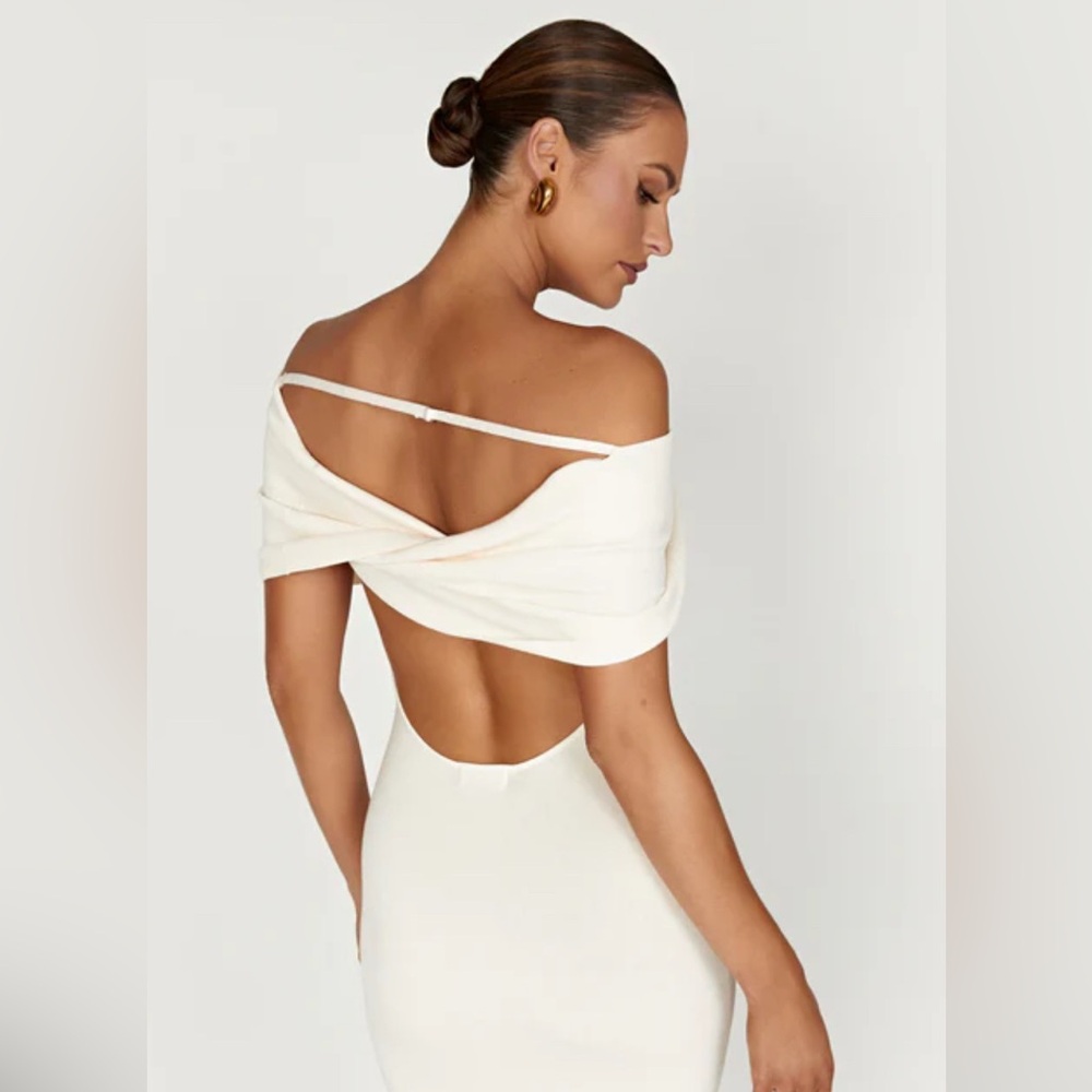 MESHKI Terese Off-Shoulder Knit maxi Dress in cream color, size XXS